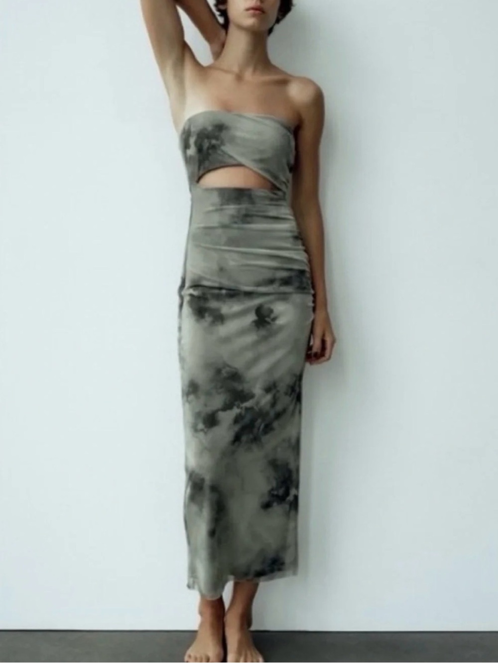 Zara Strapless Cutout Tie-Dye Midi Dress - Gray/Olive